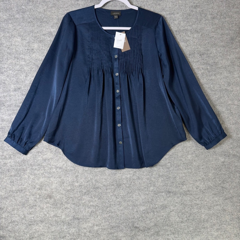 J. Jill Wearever Size-S/Petite Blouse Navy Blue Pintuck Pleat Satin New